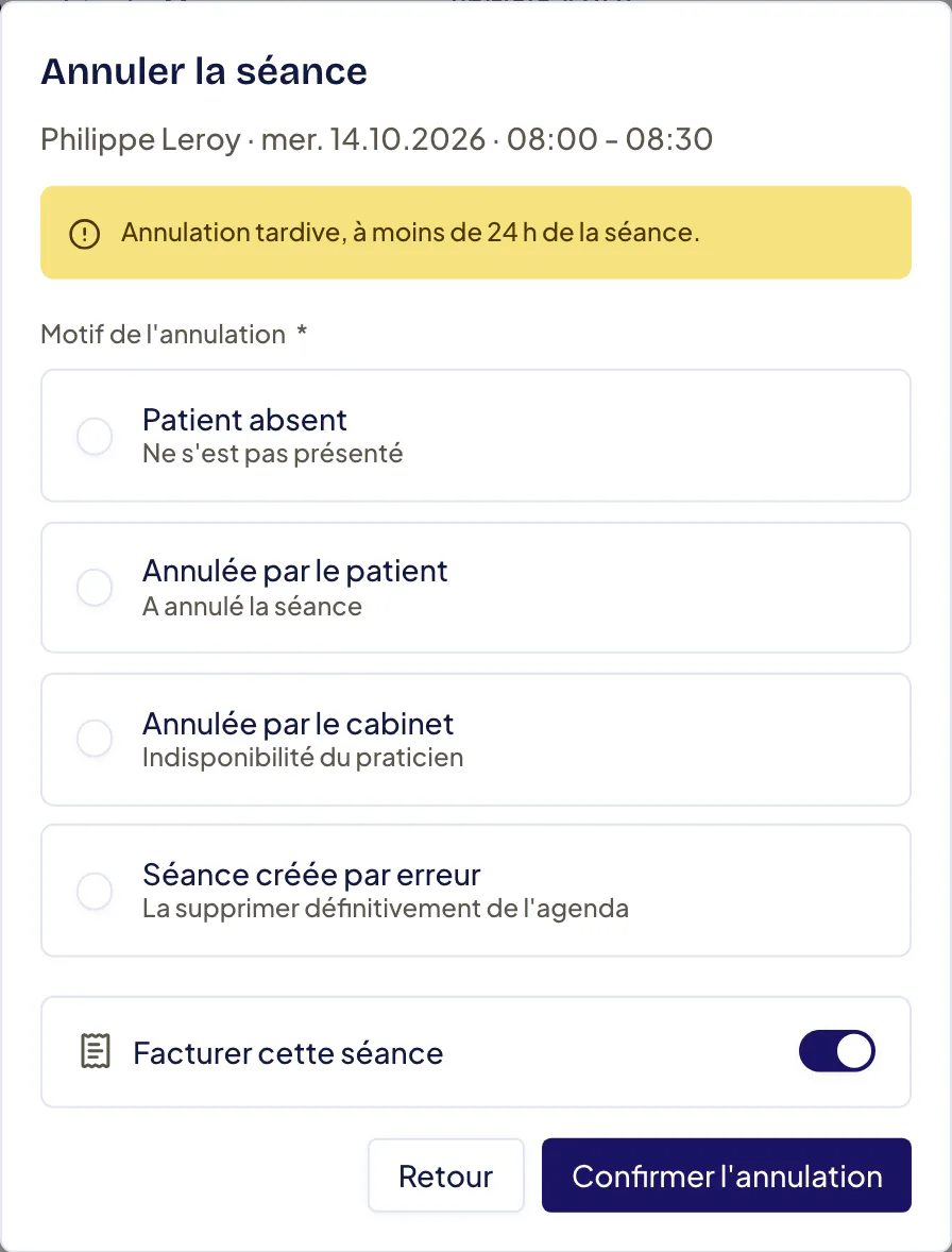 Fenêtre d’annulation d’une séance : bandeau indiquant si l’annulation est tardive ou dans les délais, Motif de l’annulation, choix de facturation et bouton Confirmer l’annulation.