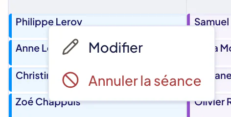 Menu du clic droit sur une séance de l’agenda : Modifier et Annuler la séance.