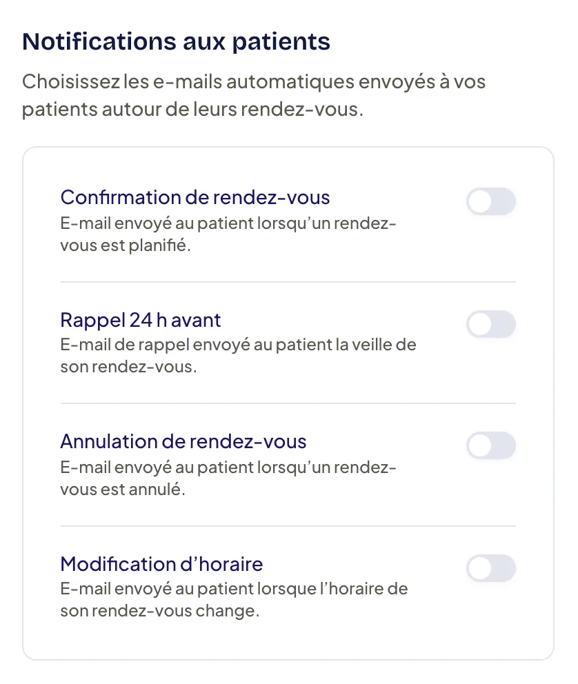 Section Notifications aux patients des Paramètres du cabinet : un interrupteur par e-mail (confirmation, rappel 24 h avant, annulation, modification d’horaire).