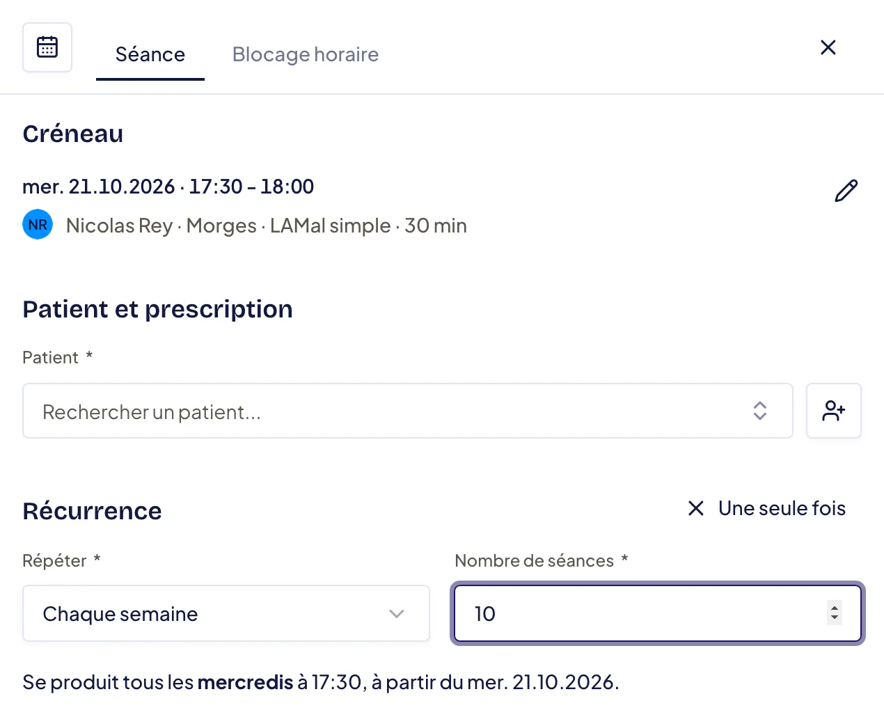 Récurrence d’une nouvelle séance : Répéter « Chaque semaine », Nombre de séances 10, phrase de résumé « Se produit tous les mercredis à 17:30 » et bouton Vérifier 10 créneaux.