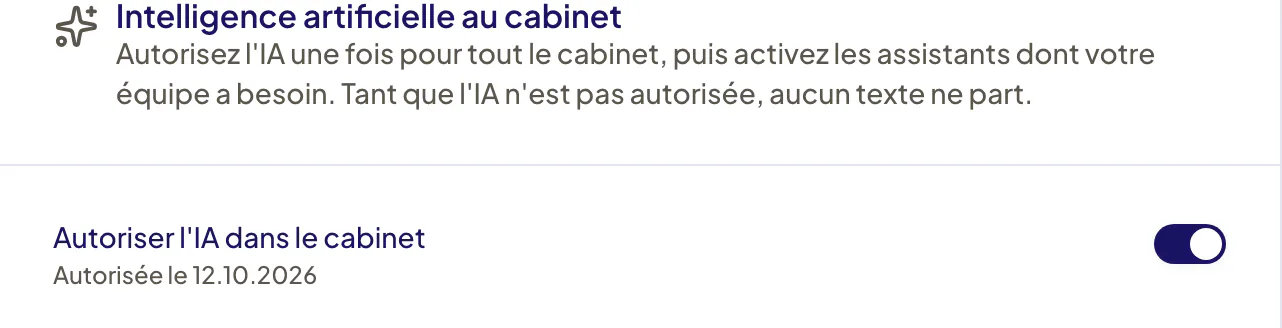 Carte « Intelligence artificielle au cabinet » : interrupteur « Autoriser l’IA dans le cabinet » activé, avec la date d’autorisation affichée dessous.