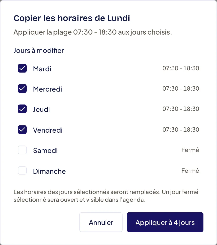Fenêtre « Copier les horaires de lundi » : liste « Jours à modifier » avec une case par jour, puis le bouton « Appliquer à » suivi du nombre de jours cochés.