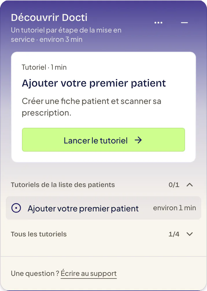 Fenêtre flottante Découvrir Docti, en bas à droite de l’écran : en haut, l’icône … (Options du guide) et l’icône – (Réduire le guide), puis l’étape en cours avec son bouton Lancer le tutoriel et la liste des tutoriels.
