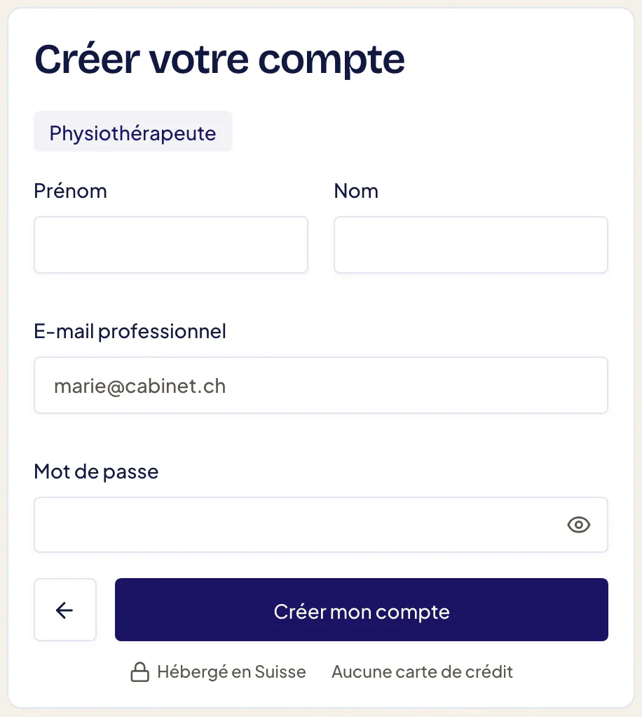 Deuxième étape de l’inscription : champs Prénom, Nom, E-mail professionnel et Mot de passe, bouton « Créer mon compte », avec les mentions « Hébergé en Suisse » et « Aucune carte de crédit ».
