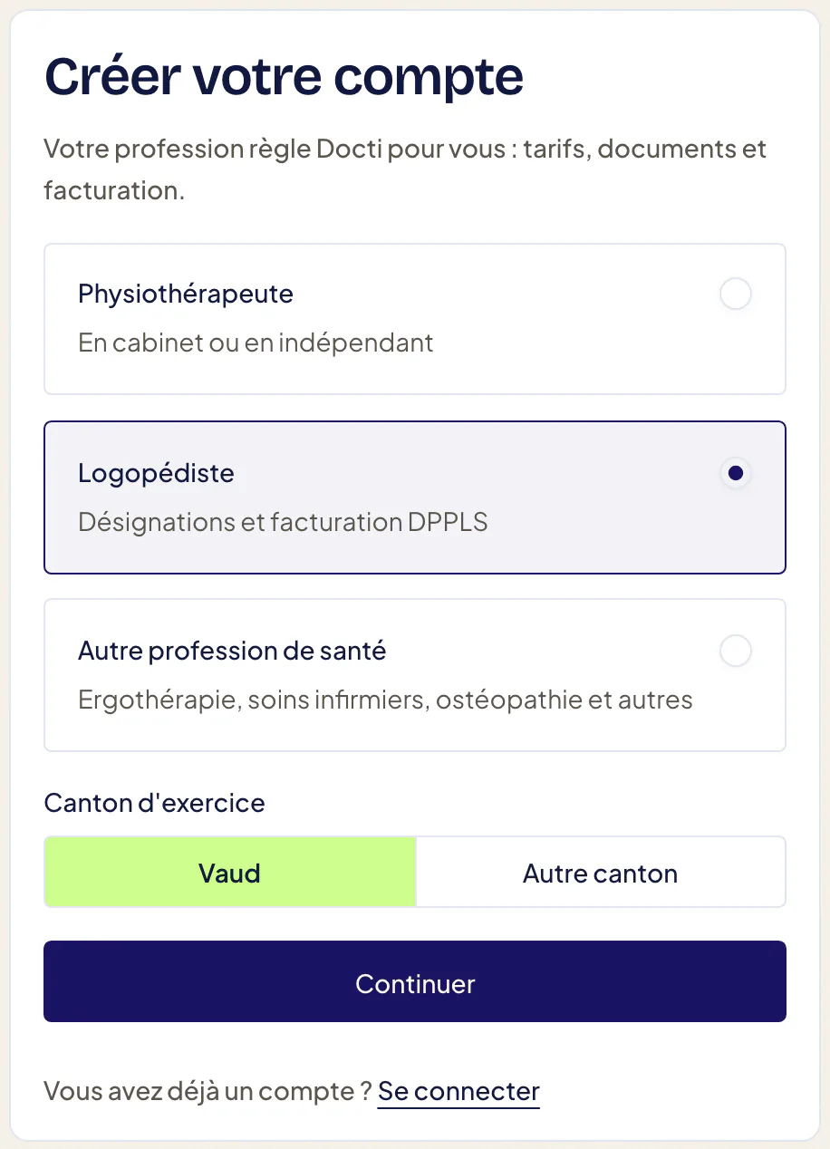 Inscription avec Logopédiste sélectionné : la question « Canton d’exercice » propose Vaud ou Autre canton, puis le bouton Continuer.