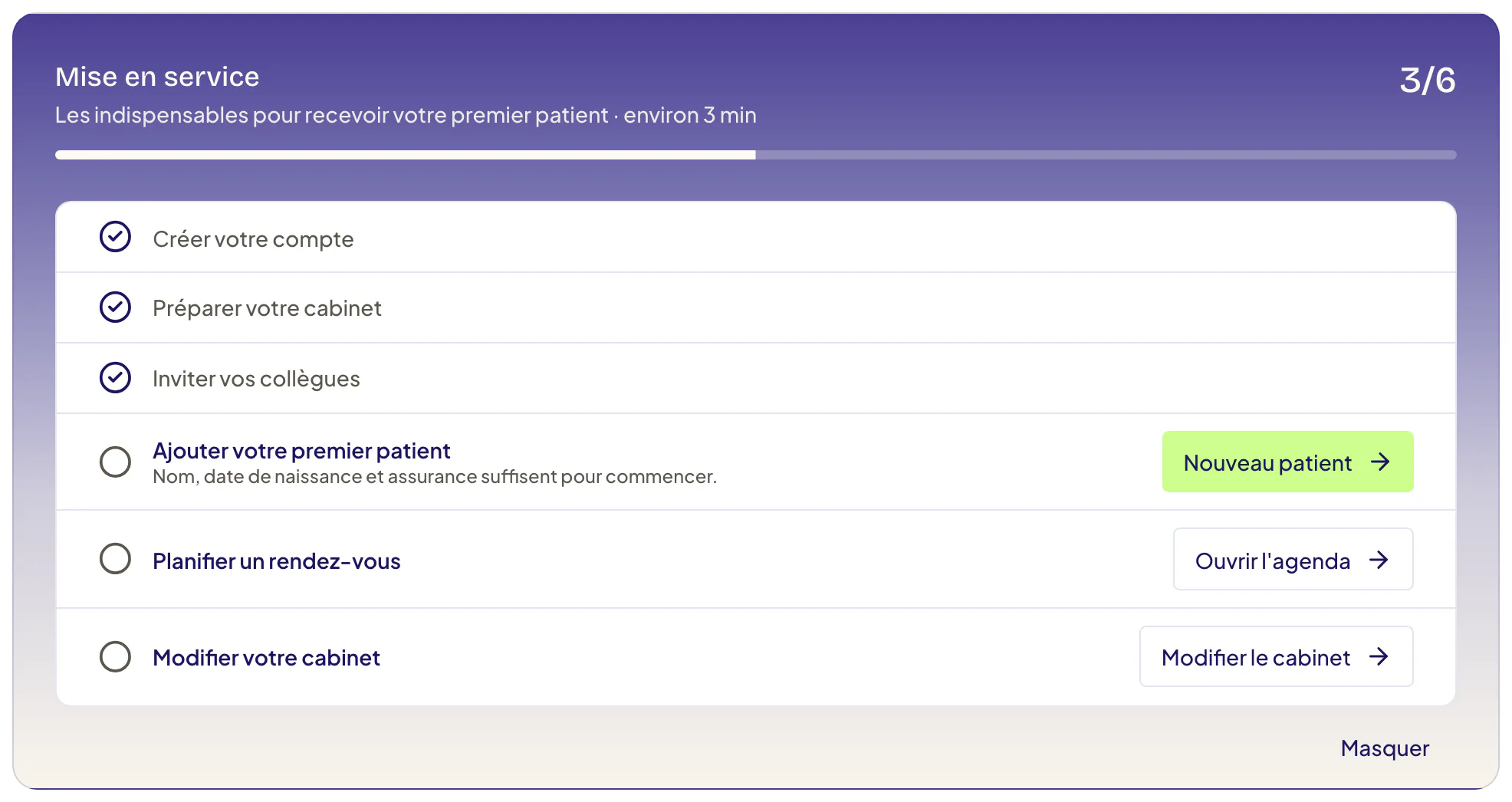 Carte Mise en service de l’accueil d’un cabinet de physiothérapie à plusieurs : Créer votre compte, Préparer votre cabinet et Inviter vos collègues sont cochés ; Ajouter votre premier patient, Planifier un rendez-vous et Modifier votre cabinet restent à faire, chacun avec son bouton. Le lien Masquer est en haut à droite.