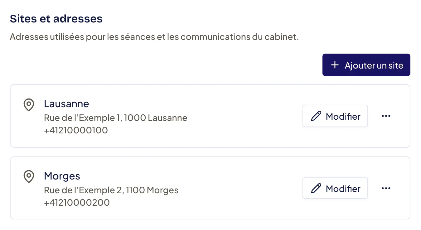 Section Sites et adresses : bouton « Ajouter un site » et un bloc par site avec son nom, son adresse complète, son téléphone et le bouton Modifier.