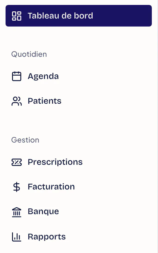 Menu latéral d’un administrateur en physiothérapie : Tableau de bord, Agenda et Patients, puis sous Gestion : Prescriptions, Facturation, Banque et Rapports.