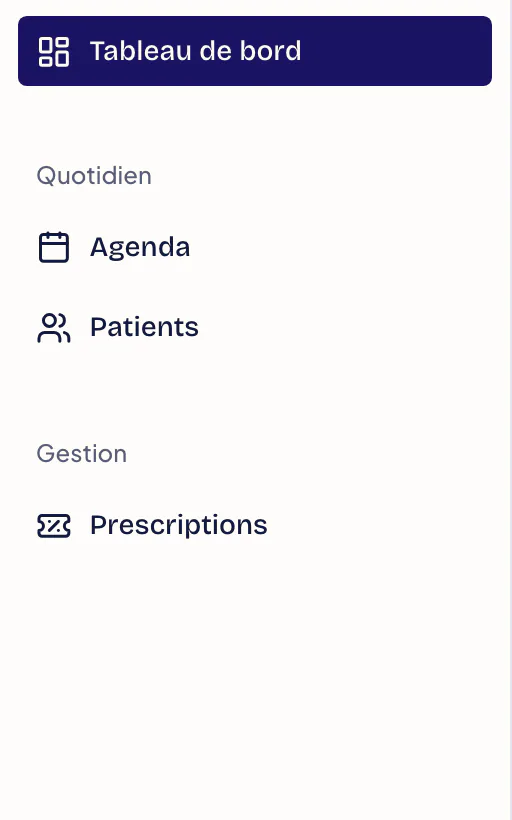 Menu latéral d’un praticien en physiothérapie : Tableau de bord, Agenda, Patients et Prescriptions. Facturation, Banque et Rapports n’y figurent pas.