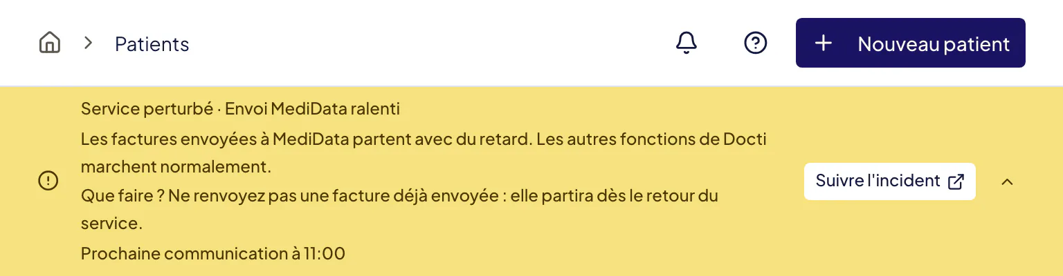 Bannière jaune « Service perturbé » sous l’en-tête de Docti : titre de l’incident, description, consigne après « Que faire ? », heure de la prochaine communication, puis à droite le bouton « Suivre l’incident » et la flèche qui réduit l’annonce.