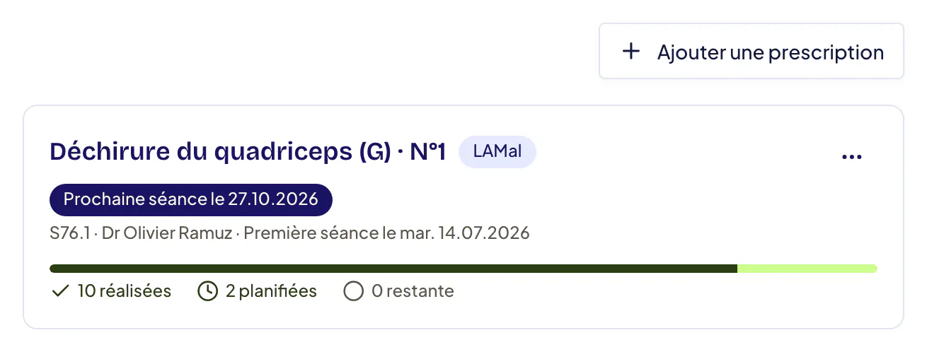Onglet Prescriptions de la fiche patient : bouton Ajouter une prescription et une prescription LAMal avec son motif et son code CIM-10, le médecin prescripteur, la prochaine séance et le compte des séances réalisées, planifiées et restantes.