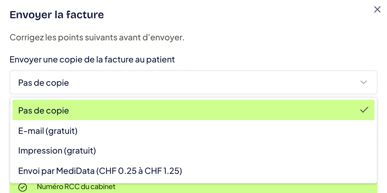 Liste « Envoyer une copie de la facture au patient » : Pas de copie, E-mail (gratuit), Impression (gratuit) et Envoi par MediData avec son coût indicatif.