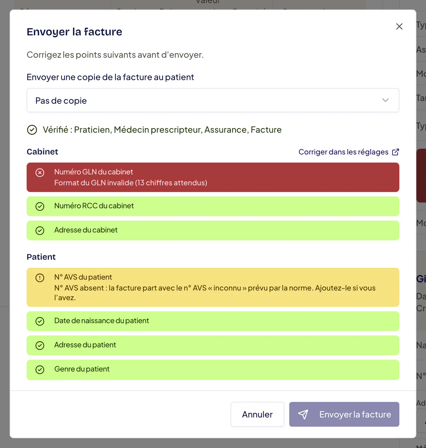 Fenêtre « Envoyer la facture » : choix de la copie patient, ligne « Vérifié » avec les éléments contrôlés, puis un point par donnée du cabinet et du patient. Un point rouge (ici le GLN du cabinet au mauvais format) bloque l’envoi et grise le bouton ; un point jaune (n° AVS absent) avertit seulement.