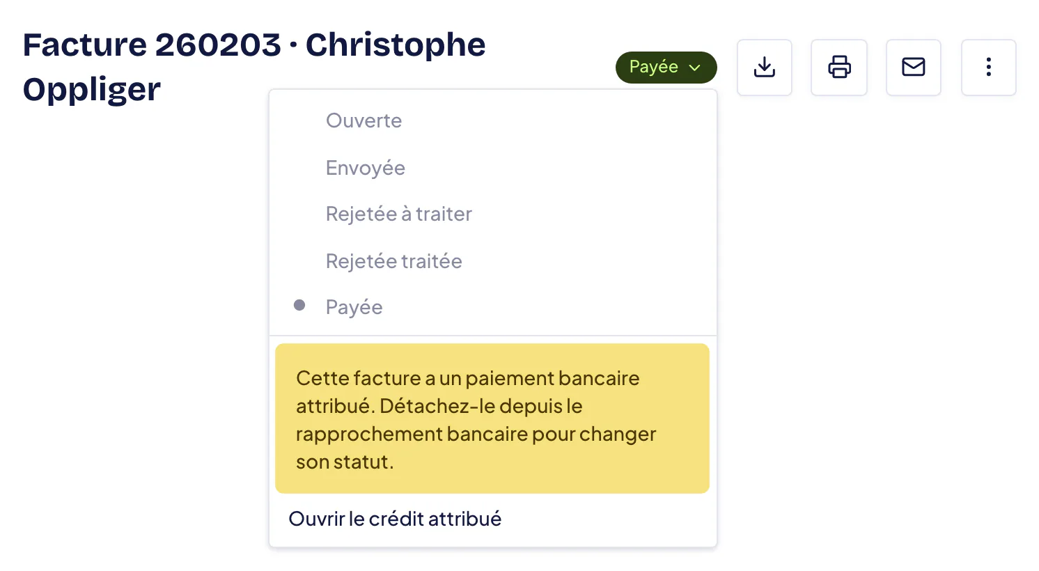 Pastille « Payée » ouverte sur une facture réglée par la banque : les autres statuts sont grisés, avec le message qui demande de détacher le paiement depuis le rapprochement bancaire et le lien « Ouvrir le crédit attribué ».