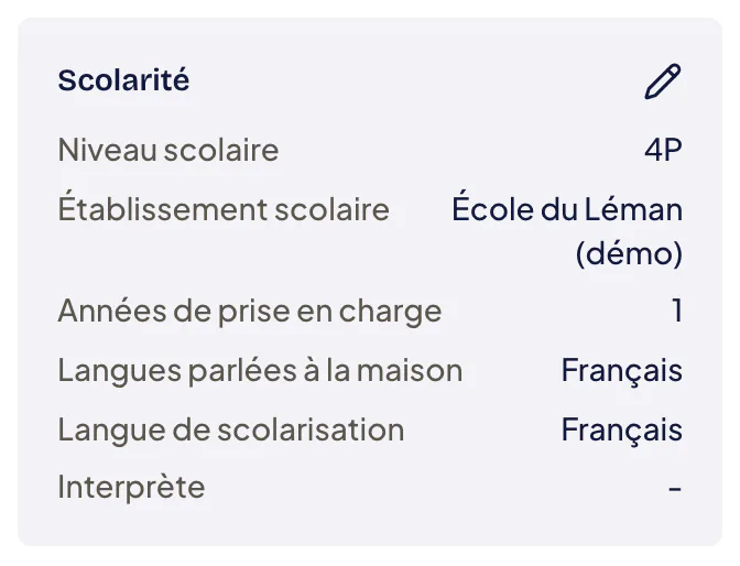 Carte Scolarité de la fiche patient : niveau scolaire 4P, établissement scolaire, années de prise en charge, langues parlées à la maison, langue de scolarisation et interprète, avec le crayon pour les modifier.