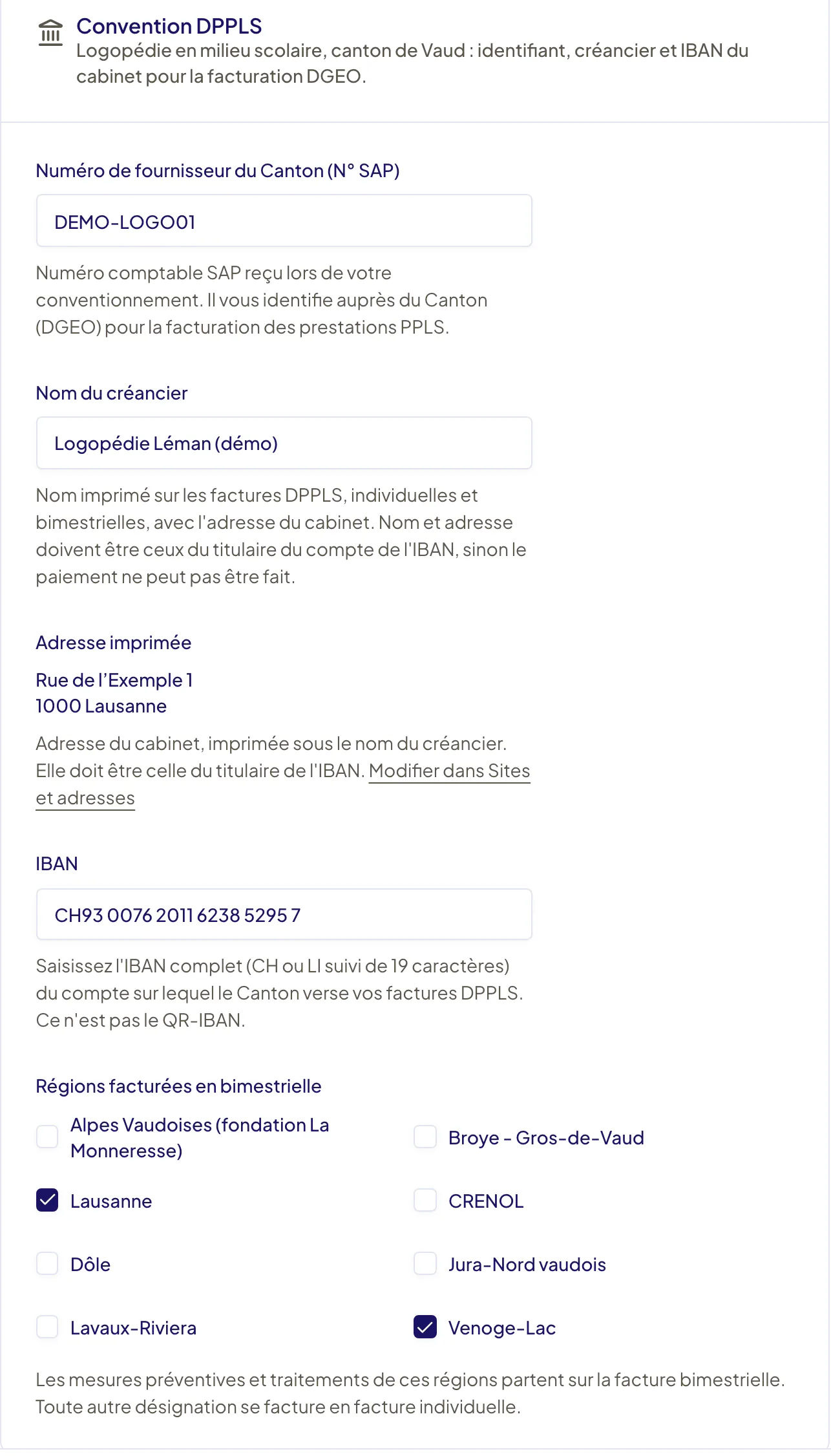 Section Convention DPPLS des paramètres du cabinet : Numéro de fournisseur du Canton (N° SAP), Nom du créancier, Adresse imprimée avec le lien Modifier dans Sites et adresses, IBAN, puis les cases Régions facturées en bimestrielle, une par région PPLS.