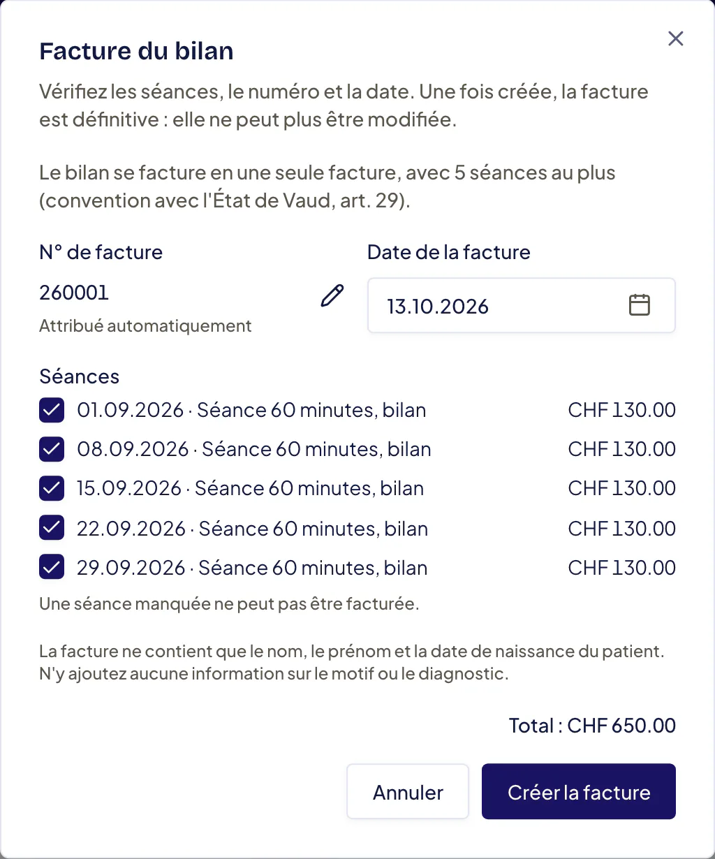 Fenêtre Facture du bilan : N° de facture attribué automatiquement, Date de la facture, cinq séances de bilan de 60 minutes cochées à CHF 130.00, Total : CHF 650.00 et le bouton Créer la facture.