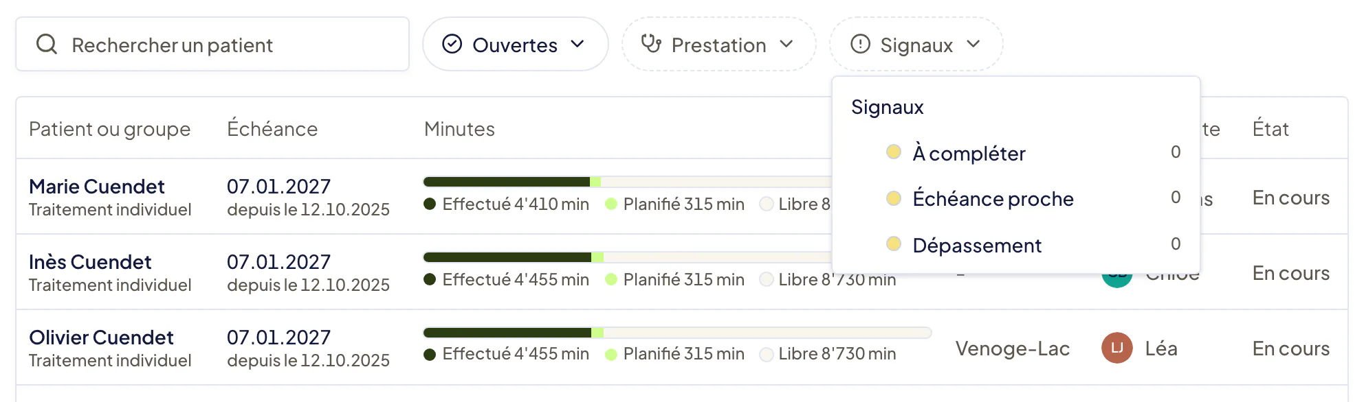 Liste Désignations avec le filtre Signaux ouvert : À compléter, Échéance proche et Dépassement, chacun avec son nombre de désignations. Dessous, une ligne par désignation : patient et prestation, échéance, barre des minutes Effectué, Planifié et Libre.