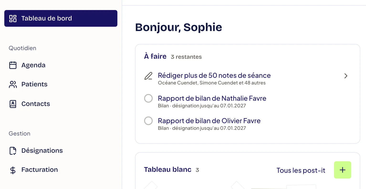 Menus d’un cabinet de logopédie : Tableau de bord, puis Agenda, Patients et Contacts sous Quotidien, Désignations et Facturation sous Gestion. À droite, la boîte À faire du tableau de bord liste les notes de séance et les rapports de bilan à rédiger.