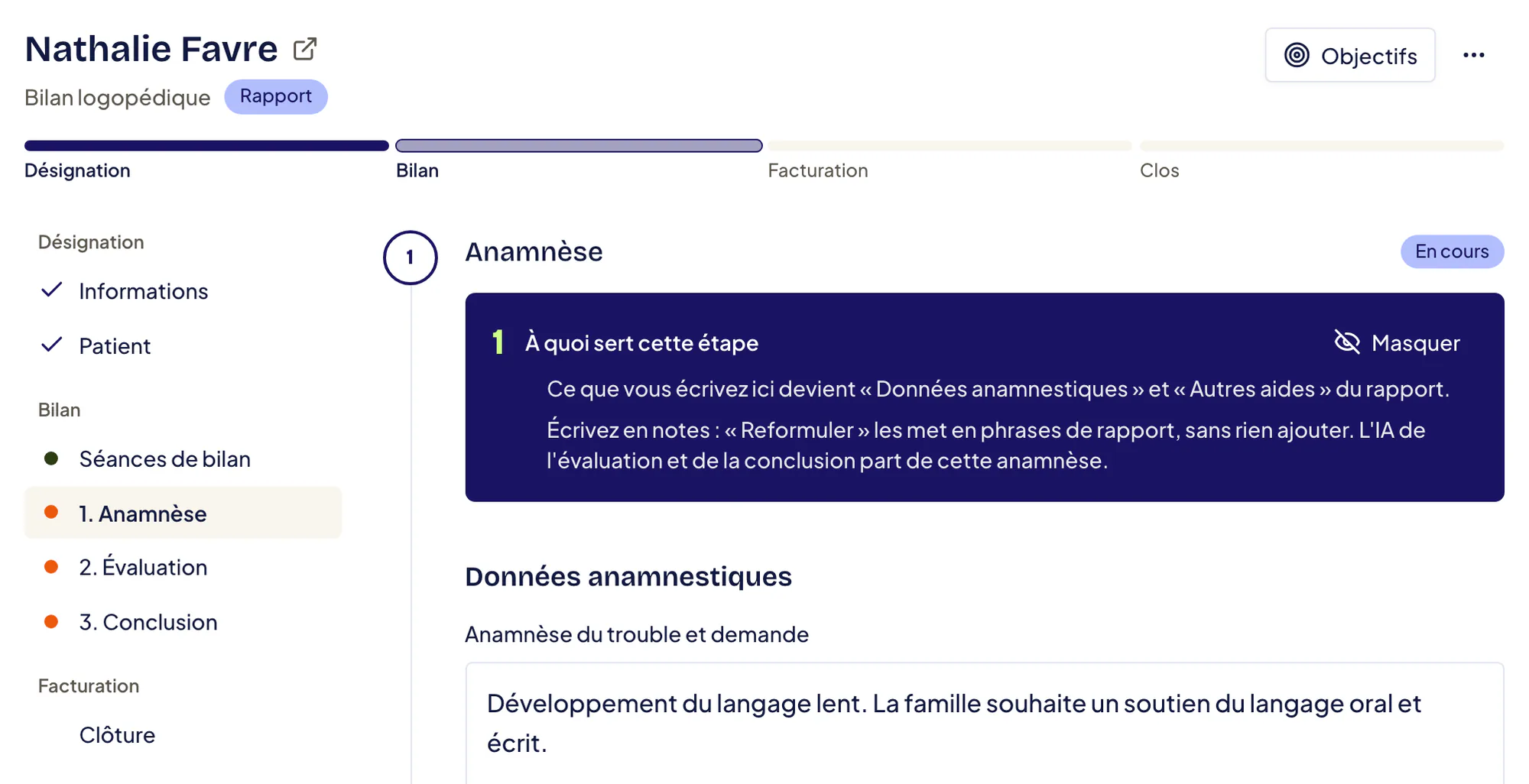 Parcours d’un bilan : barre de phases Désignation, Bilan, Facturation et Clos, puis la navigation Informations et Patient (cochés), Séances de bilan, 1. Anamnèse, 2. Évaluation, 3. Conclusion (pastilles orange : en cours) et Clôture.