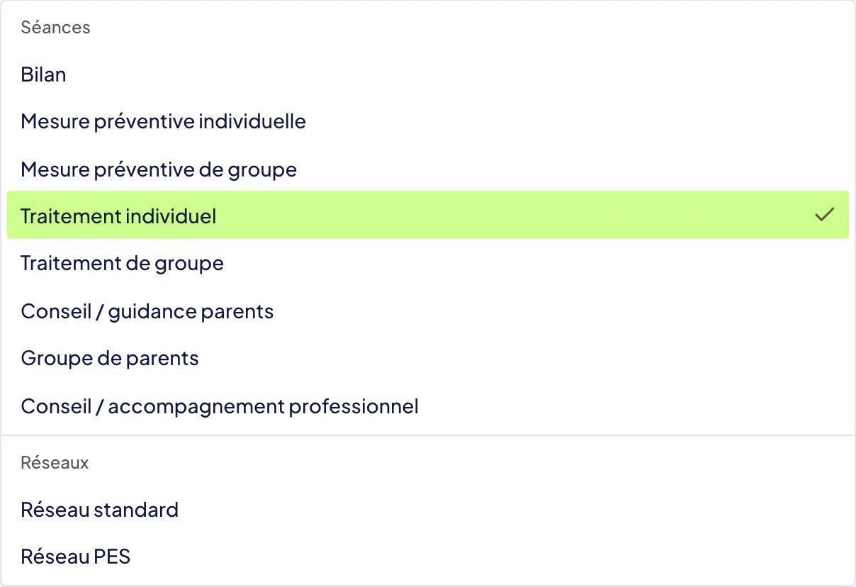 Liste Type de prestation d’une nouvelle séance : elle propose sous Séances le Bilan, les mesures préventives, les traitements, les conseils et le groupe de parents, et sous Réseaux le Réseau standard et le Réseau PES.