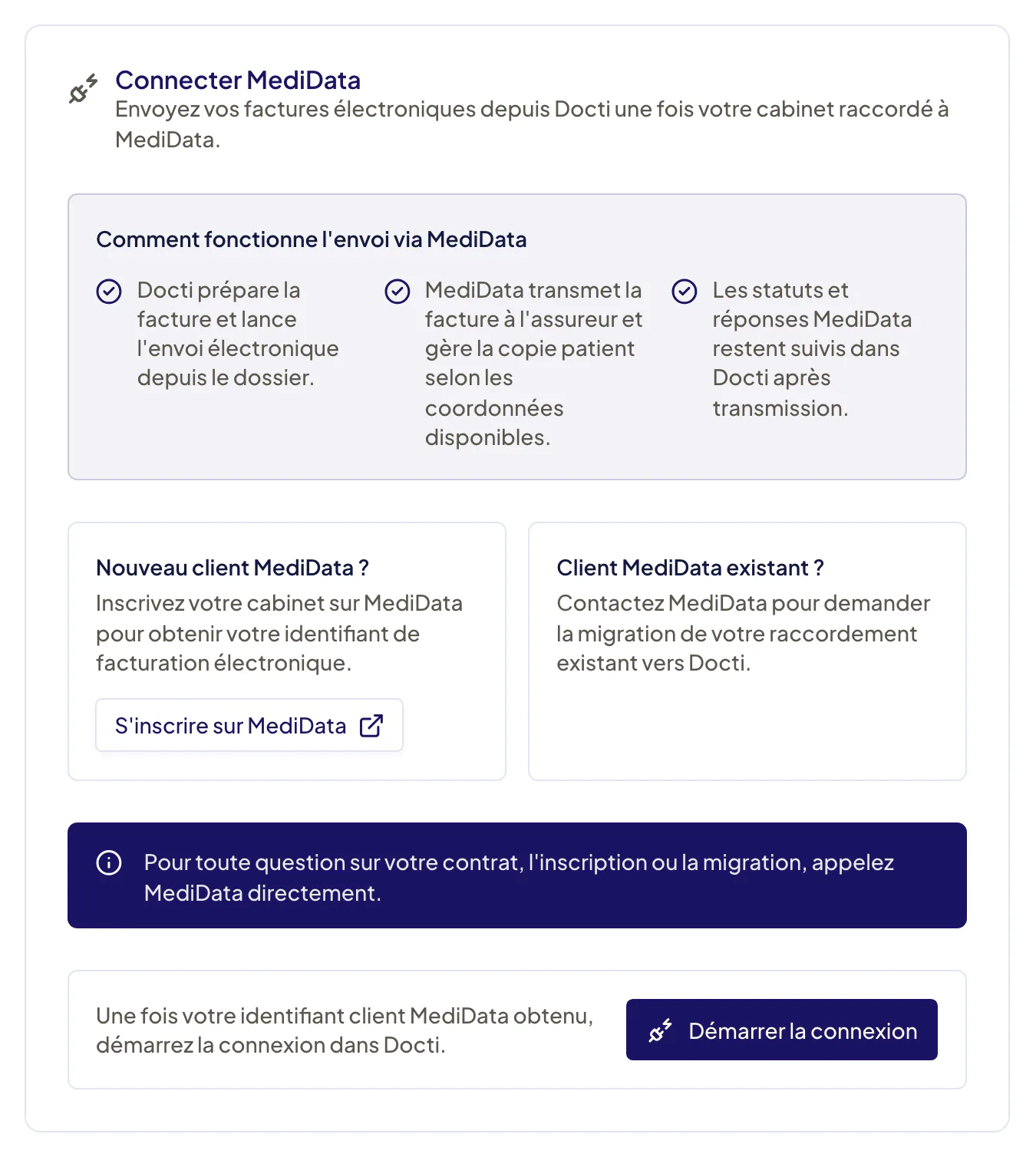 Section « Facturation et MediData » d’un cabinet pas encore raccordé : fonctionnement de l’envoi via MediData, bouton « S’inscrire sur MediData » pour un nouveau client, migration pour un client existant, puis bouton « Démarrer la connexion » une fois l’identifiant obtenu.