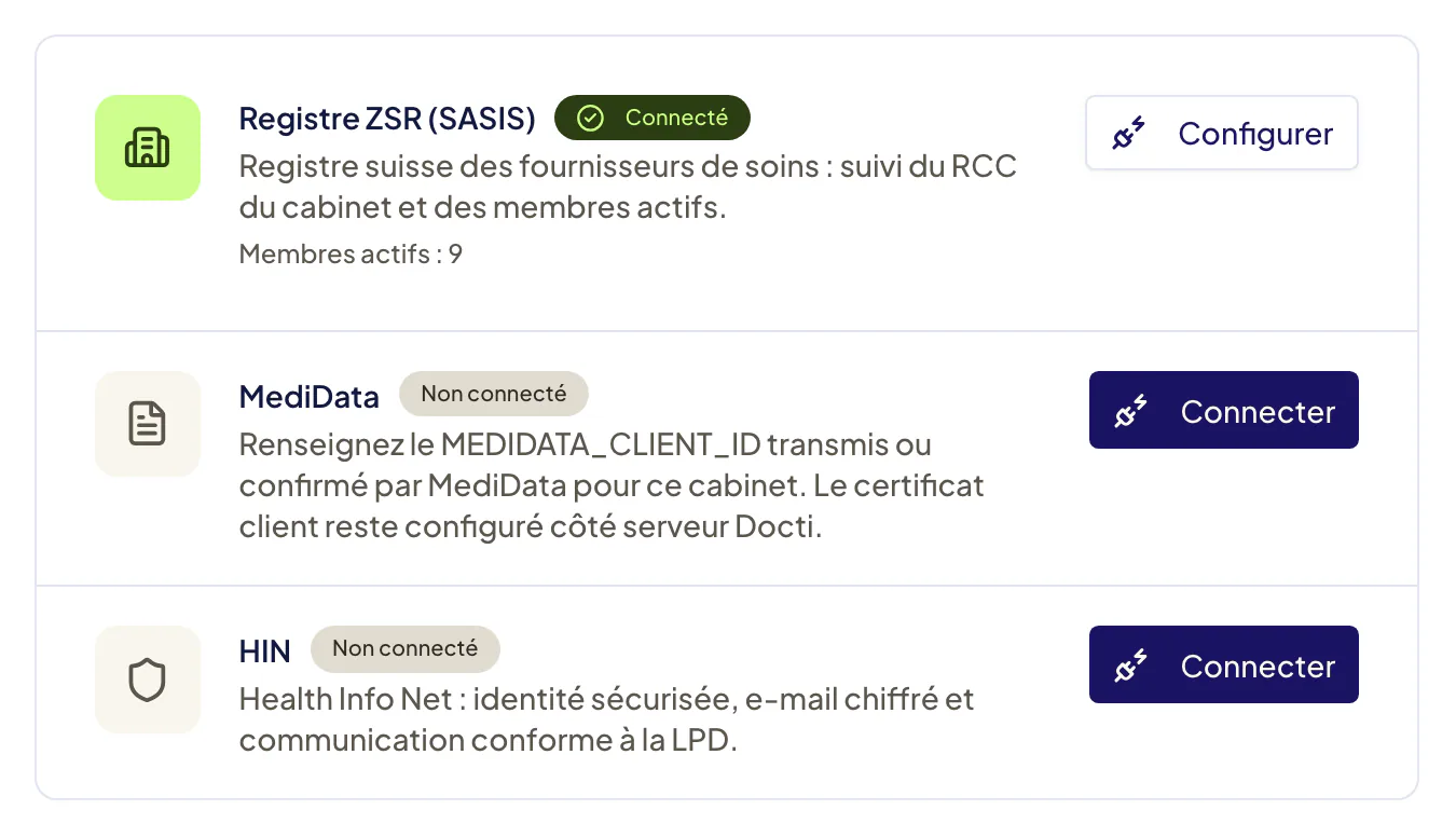 Section « Connexions aux services » : cartes Registre ZSR (SASIS), MediData et HIN, chacune avec son badge Connecté ou Non connecté et son bouton Connecter ou Configurer. La carte MediData demande le MEDIDATA_CLIENT_ID transmis par MediData.