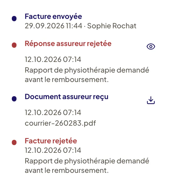 Historique d’une facture rejetée : Facture envoyée avec son auteur, Réponse assureur rejetée avec son motif, Document assureur reçu, puis Facture rejetée, chacun avec sa date et son heure.