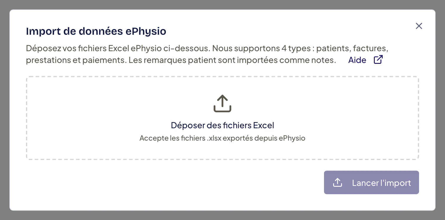 Fenêtre « Import de données ePhysio » : zone « Déposer des fichiers Excel » qui accepte les fichiers .xlsx exportés depuis ePhysio, et le bouton « Lancer l’import », grisé tant qu’aucun fichier n’est déposé.