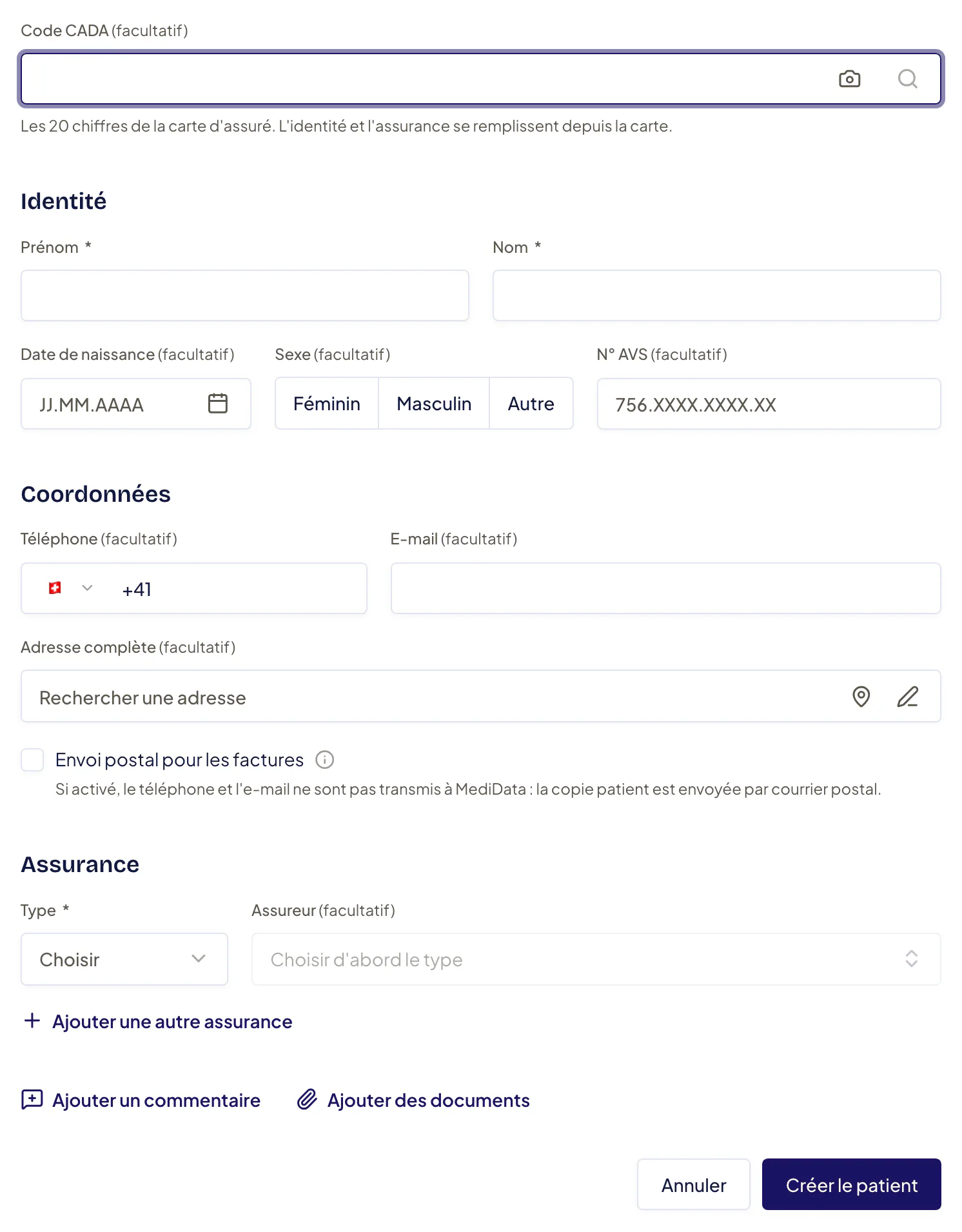 Formulaire Nouveau patient : champ Code CADA, sections Identité (Prénom et Nom obligatoires, date de naissance, sexe et n° AVS facultatifs), Coordonnées et Assurance (Type, Assureur, « Ajouter une autre assurance »), puis le bouton Créer le patient.