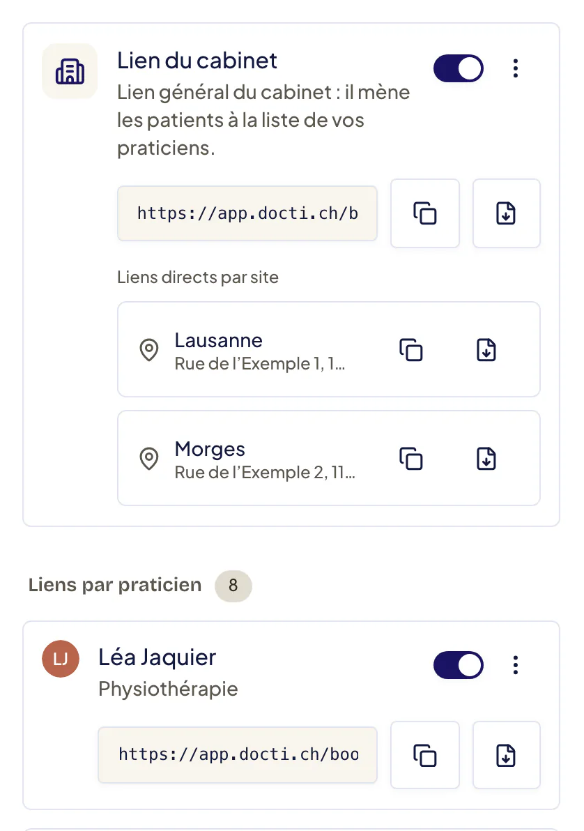 Liens de réservation : carte Lien du cabinet avec son interrupteur, son menu ⋮, l’adresse du lien, le bouton de copie et l’icône de téléchargement de l’affiche QR, puis les Liens directs par site (Lausanne, Morges) et, sous Liens par praticien, la ligne d’un praticien avec les mêmes boutons.