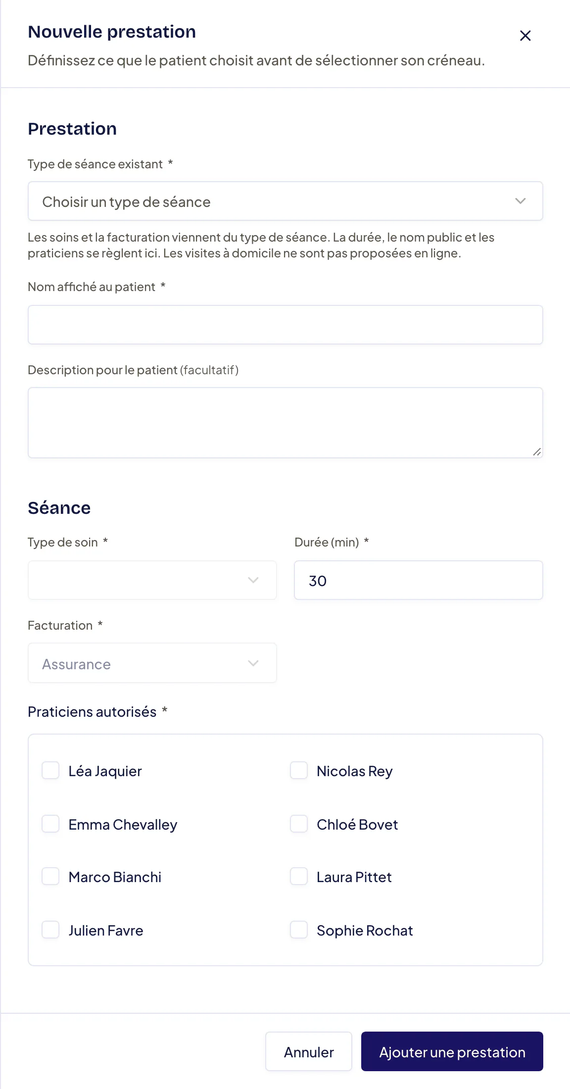 Fenêtre Nouvelle prestation : Type de séance existant, Nom affiché au patient, Description pour le patient (facultatif), Type de soin, Durée (min), Facturation Assurance ou Privé, puis Praticiens autorisés.