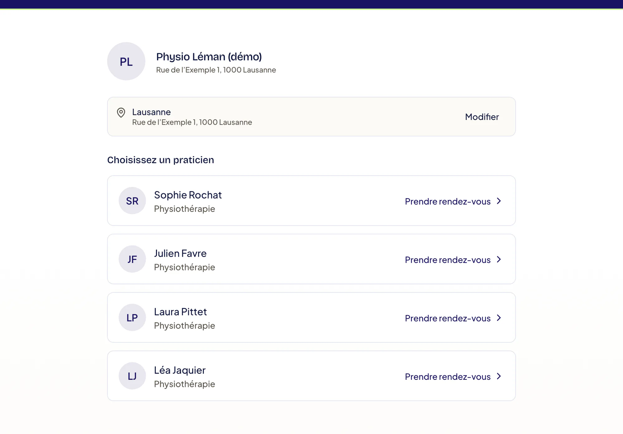 Après le choix du site Lausanne : liste « Choisissez un praticien » avec un bouton Prendre rendez-vous par praticien.