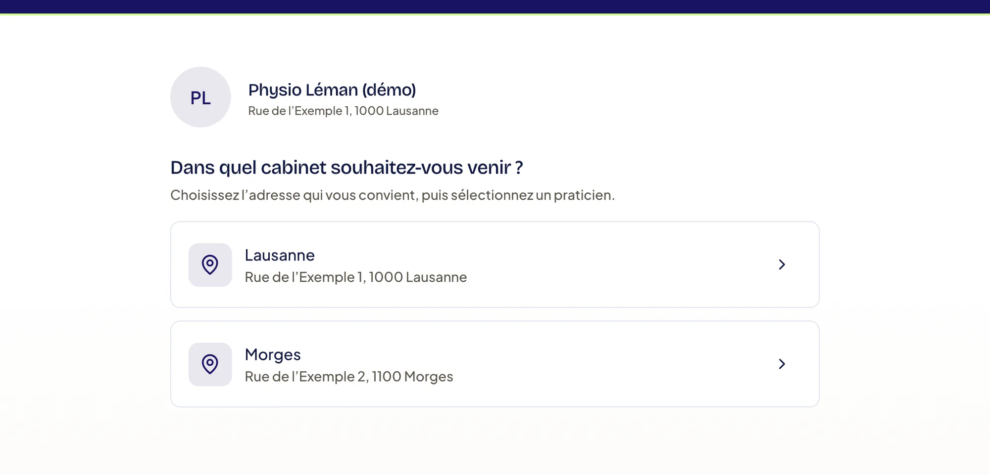 Page publique du lien du cabinet : « Dans quel cabinet souhaitez-vous venir ? » avec les deux adresses du cabinet, Lausanne et Morges.