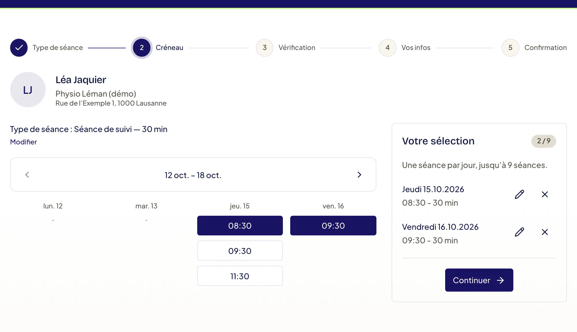 Étape 2 Créneau : horaires libres par jour de la semaine, flèches Semaine précédente et Semaine suivante, et Votre sélection avec deux séances choisies (2 / 9), « Une séance par jour, jusqu’à 9 séances », et le bouton Continuer.